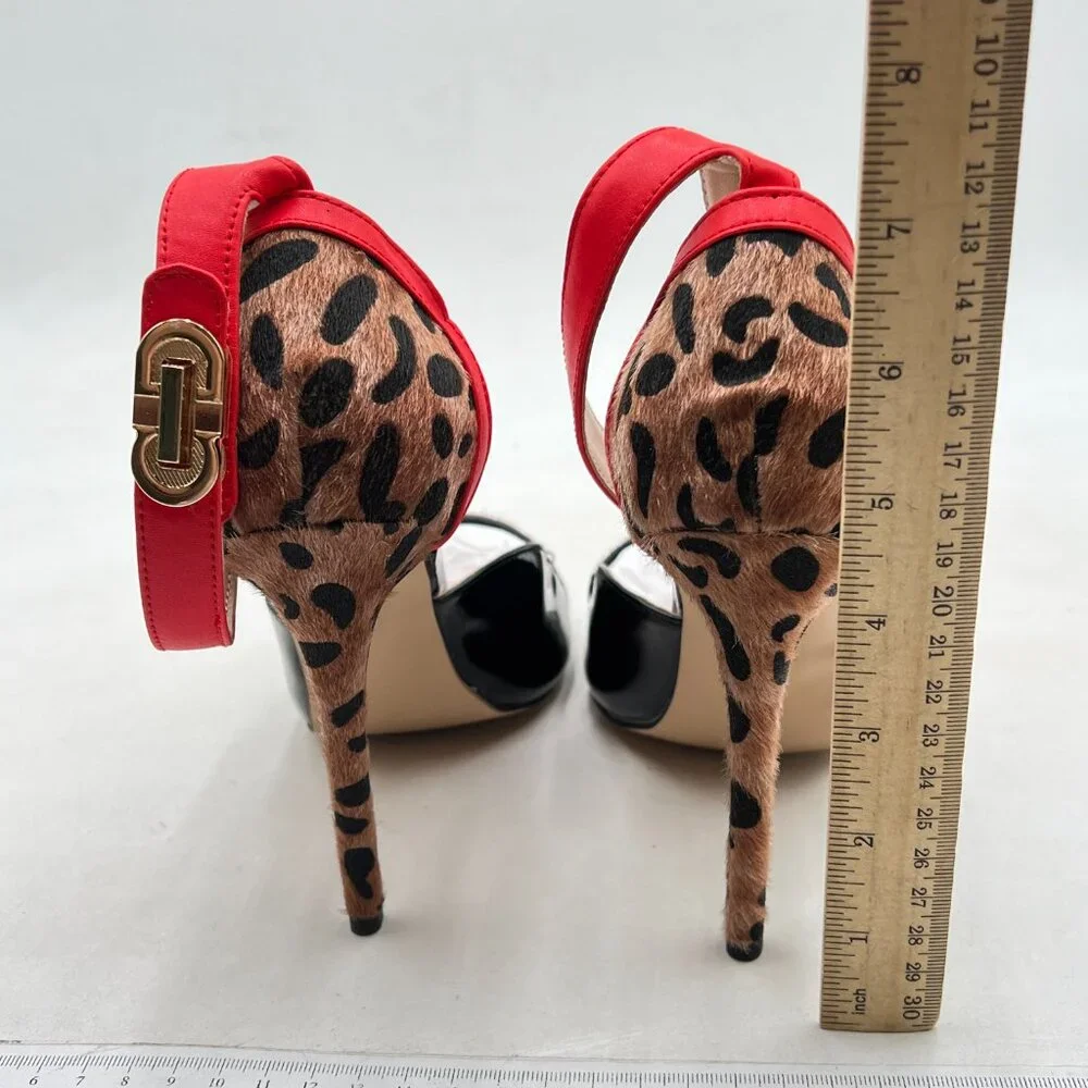 Leopard Print Red Ankle-Strap Stiletto Sandals - Picture 4 of 7